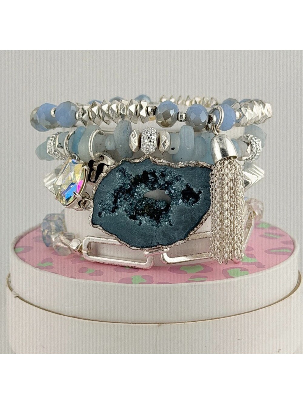 Bomb Party RETRO Stacks "Skies Of Sparkle" Blue Druzy on Silver 2 Charms RBP4727